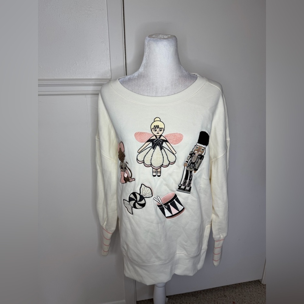August Bleu Cream Sweater with Embroidered Characters new with tag